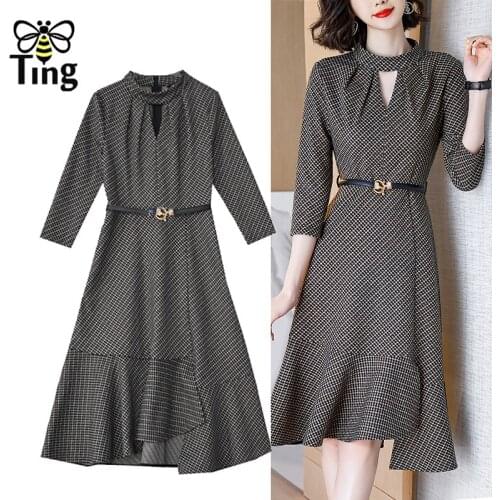 Tingfly Women Fashion Clothes Elegant Plaid Office Work Knee Length Dress with Belt Street Casual Chic Vestidos Plus Size Robes