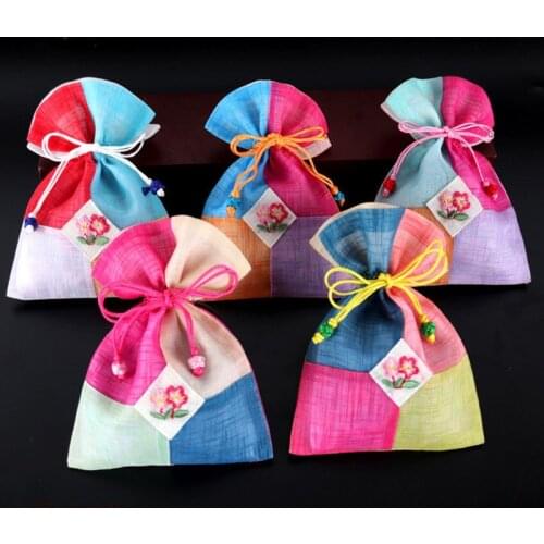 Patchwork Colorful Small Cloth Jewelry Pouch Gift Packaging Bags Embroidery Flower Drawstring Bag Empty Sachet Pouch 10pcs/lot