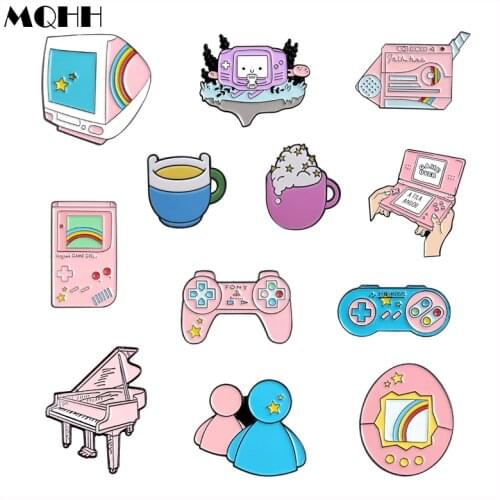Cartoon Pink Retro Game Player Character Handle TV Cup Enamel Brooch Alloy Badge Denim Clothes Bag Pin Cute Sweet Woman Jewelry