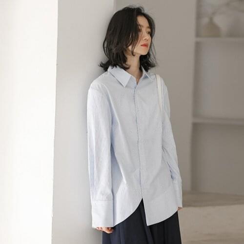 Blue And White Striped Shirt Office Ladies Tops Women Fashion Long-Sleeved Autumn Irregular Casual Retro Shirts