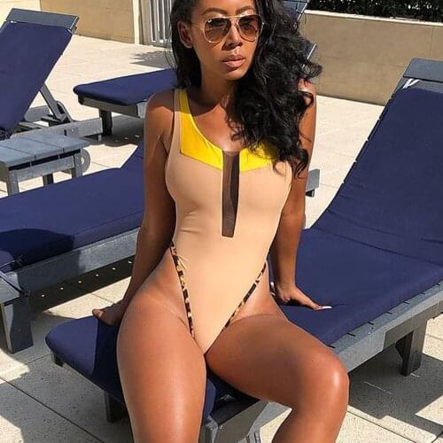 Yellow Mesh Halter One-Piece Swimsuit Sexy Open Back Lace Up Women Monokini Girls Beach Bathing Suits Swimwear