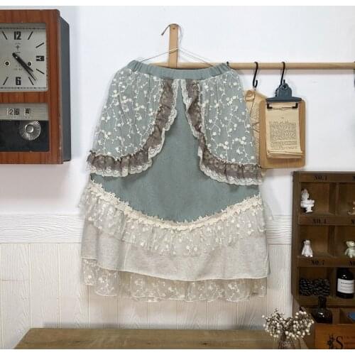Japanese Pure Cotton Knitted Lace Patchwork Harajuku Elastic Waist Sweet Mori Girl Novelty Bust Skirt Women Clothing Cue Lolita