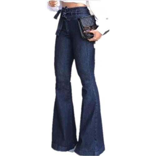 Womens Long Jeans 2021 New South American Fashion High Waist Micro-elastic Lace-Up Flared Pants Street Casual Wide-Leg Jeans