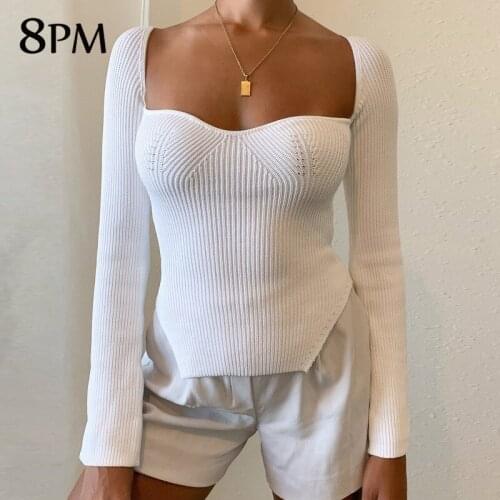 Autumn Long Sleeve Woman Sweaters Square Collar Sexy Knitted Pullover Winter Elastic Tops For Women Black White Jumper ouc1188