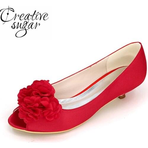 Creativesugar Open toe 3D flower petal low heel woman bridal bridesmaid wedding prom party dress shoes purple champagne white