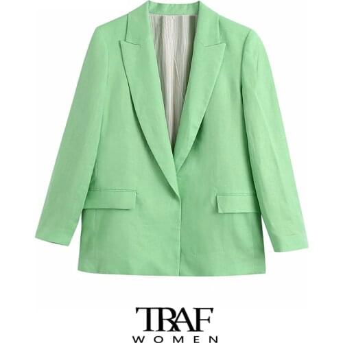 TRAF Za Women Fashion With Printed Cuffs Linen Blazer Coat Vintage Long Sleeve Flap Pockets Female Outerwear Chic Veste
