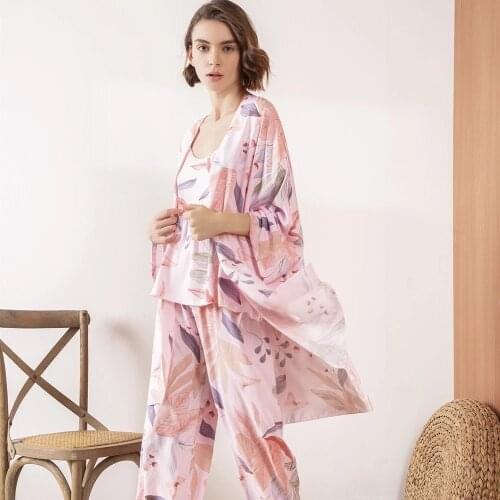 JULYS SONG Viscose Floral Printed Women Pajamas Set 3 PCS Female Pyjama Loose Elegant Pink Leave Female Nightwear Spring Summer