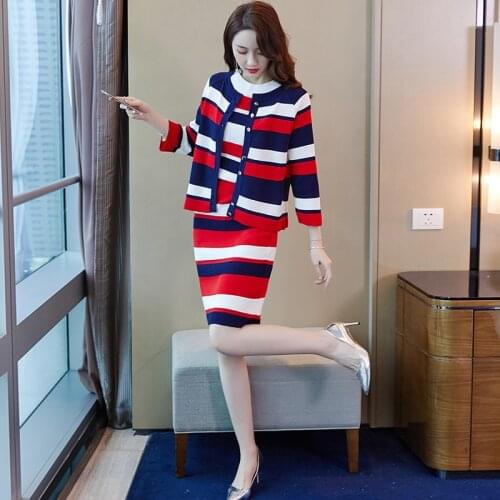 2019 Knitted Striped 3 Pieces Set Women Single-Breasted Cardigan + Short Sleeve Pullover Tops + Bodycon Skirt Suit Womens Sets