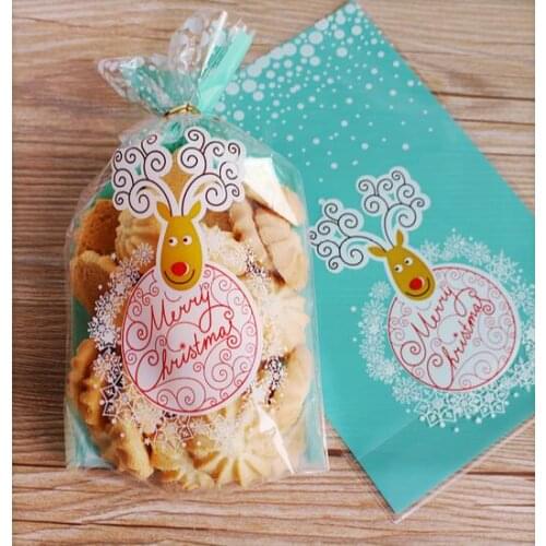 100pcs Green Christmas elk Cellophane Open the top Cookie Bag Self adhesive Seal bag for Bakery Gift Biscuits Packaging 14*22