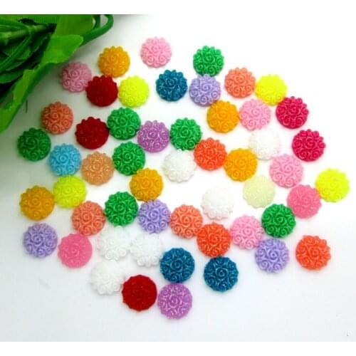 200Pcs 10mm Mixed Round Flower Design Resin Decoration Crafts Beads Flatback Cabochon Scrapbook DIY Embellishments Accessories