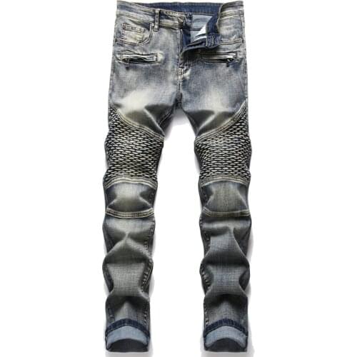 2020 Dropshipping Mens Biker Jeans Pants Light Ripped Moto Denim Man Pleated Scratched Motorcycle Slim Jean Trousers