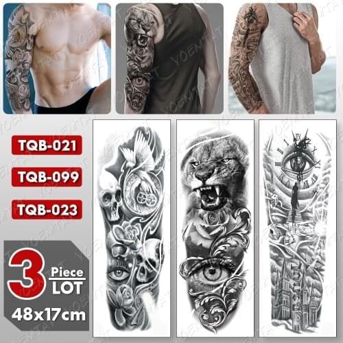 3 pcs/lot Large Arm Sleeve Tattoo Lion Eye Waterproof Temporary Tatto Sticker Pigeon Clock Body Art Full Fake Tatoo Women Men