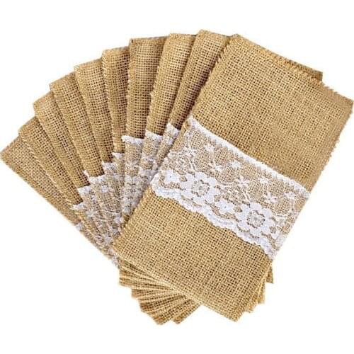50 pcs Natural Jute Cutlery Knives and Forks Cutlery Set Silverware Bag Holder Burlap & Lace Party Wedding Decor, 21x11cm