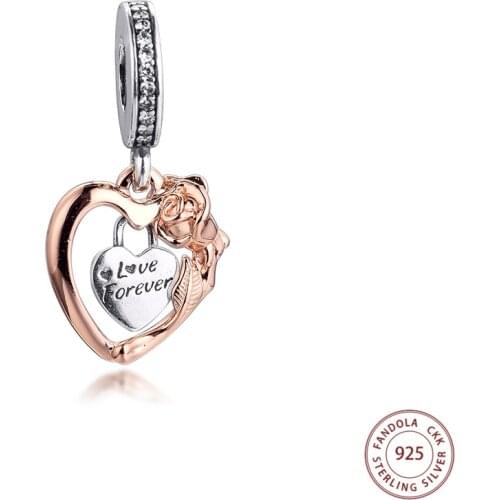 Fit Pandora Bracelet Heart & Rose Flower Dangle Charms 925 Sterling Silver Crystal Beads DIY Original Jewelry Making 2021 New