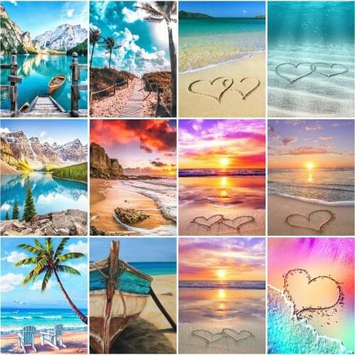 AZQSD Full Square Diamond Embroidery Seaside Mosaic Handicraft Diamond Painting Heart Landscape Home Decor Picture Of Rhinestone