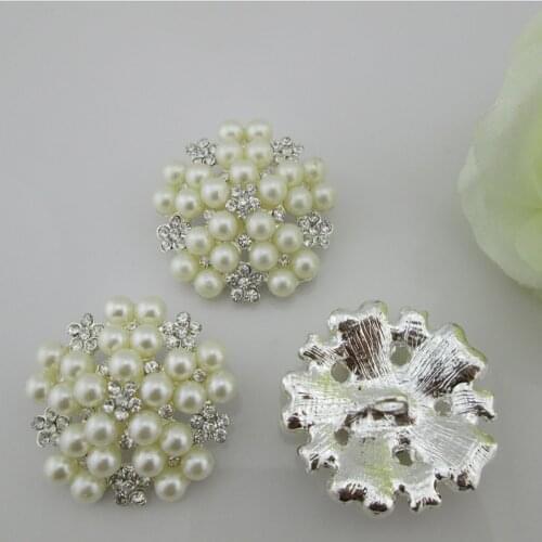 BT270 40mm)5pcs Big Diamond Flower Ivory Pearl Rhinestone Buttons DIY Craft
