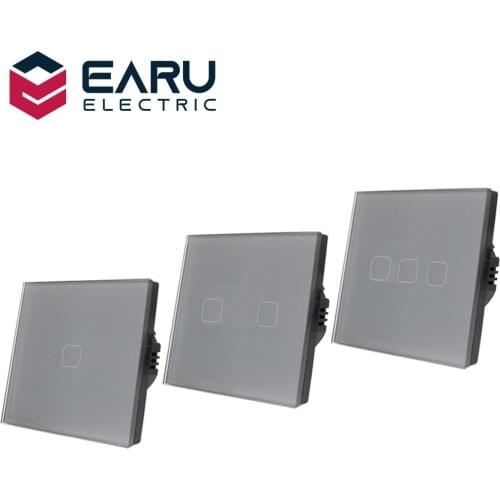 EU Standard 1 2 3 Gang 1 Way AC100-240V 10A Grey Crystal Glass Panel Screen Wall LED Power Light Touch Switch Push Button Switch