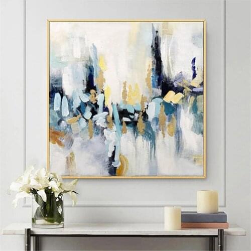 Hand Made Oil Painting Blue Green Multi Color Modern Abstract Wall Art Picture Square Home Decor Canvas Painting Living Room