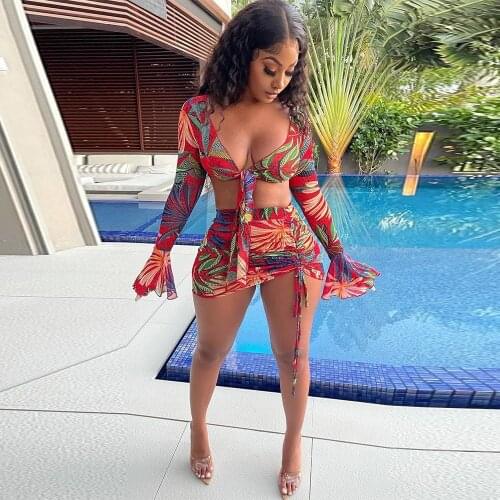 Sheer Mesh See Through Bandage Two Piece Club Outfit for Women Flare Sleeve Cleavage Crop Top+ruched Drawstring Skirt Birthday