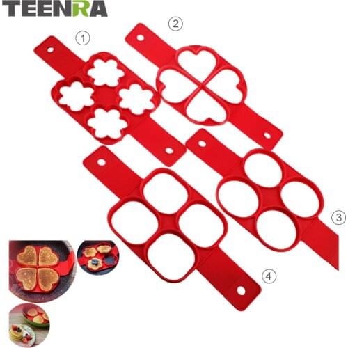 TEENRA Red Non-stick Silicone Egg Mold Flippin' Fantastic Silicone Form For Pancake Ring Egg Maker Round Square Heart Star