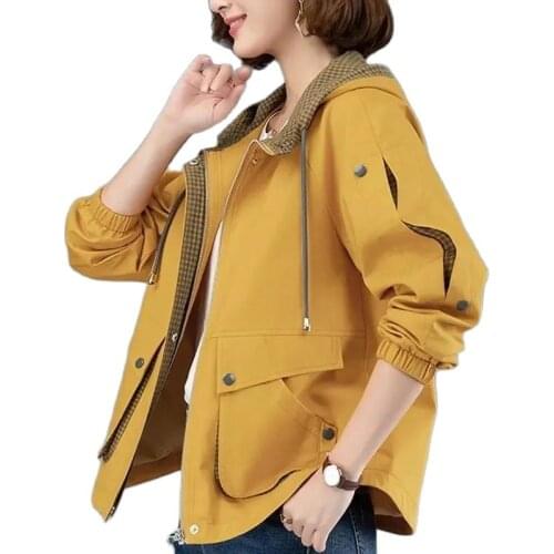 New 2021Spring Autumn Womens Jacket Casual Female Outerwear With Zipper Stitching All-Match Hooded Chic Ladies Overcoat