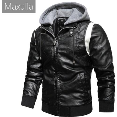 Maxulla Mens Leather Jackets Men Hooded PU Jacket Male Warm Outwear Windbreaker Biker Leather Coats Brand Clothing Mla078