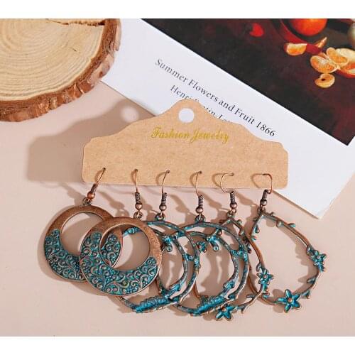 Bohemian Retro Ethnic Style Earrings 3 Piece Set Bronze Color Small Flower Winding Shape Ring Pendant Earrings 2020 Jewelry Gift