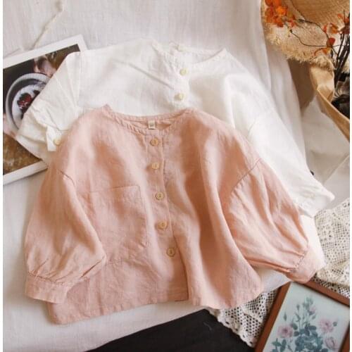2021 new girls boys shirt cotton linen summer kids top