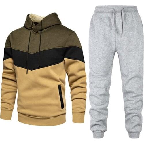 New 2 Pieces Sets Tracksuit Color Patchwork Men Hooded Sweatshirt+Pants Pullover Hoodie Sportwear Suit Casual Sports Clothes