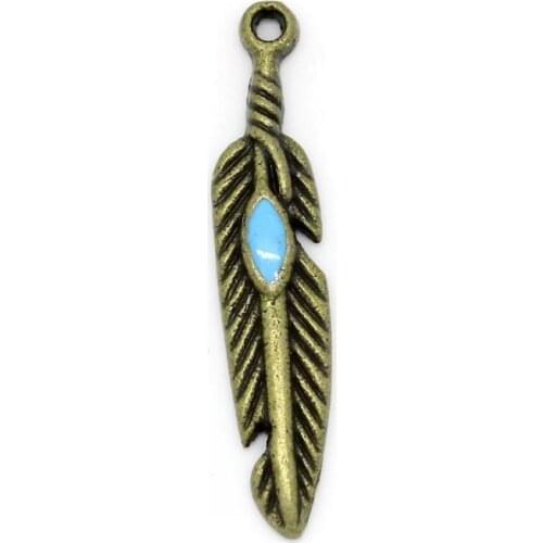 DoreenBeads Retail Charm Pendants Feather Antique Bronze Enamel Blue 27x5mm,100PCs