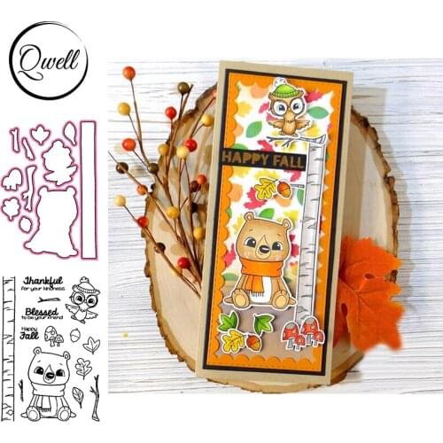 QWELL Cutting Dies With Clear Stamps Scarfe Bear Owl Tree Branch Pine Cone DIY Scrapbooking Album Craft Craft 2020