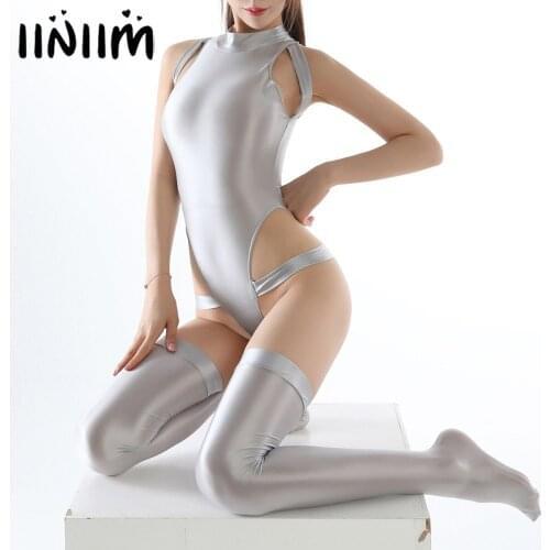 Sexy Women Tights Nylon Pantyhose Glossy High Cut Leotard Swimsuit Mock Neck Sleeveless Zipper Back Bodysuit with Stockings