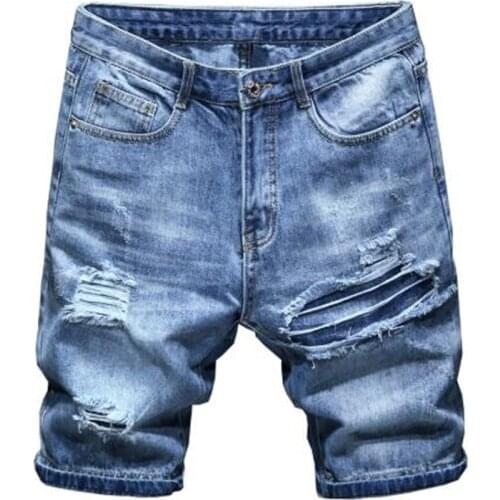 New Mens male fashion casual holes ripped blue denim shorts Summer casual slim straight jeans