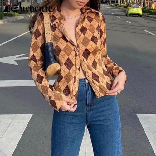 SUCHCUTE Vintage Women Blouse Buttons Diamond Lattice Printed Slim T-shirts Harajuku Casual Ladies Retro Streetwear Outfits Tees