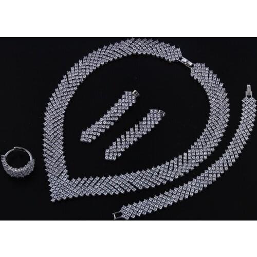 Vintage New Women Bride wedding Jewelry Sets White color with Cubic zircon 4 pcs sets ( necklace + bracelet + earrings+Ring)