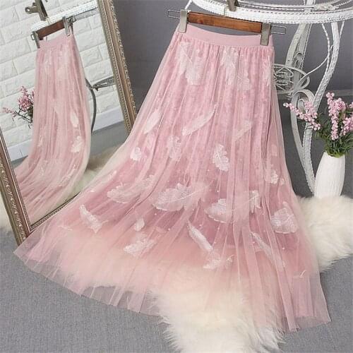 2020 Spring Summer Women Skirts Pink Elastic High Waist Beading Tulle Mesh Skirt Long Pleated Tutu Skirt Female Girls Skirt P375