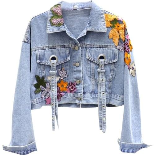 Flower Embroidery Sequins Short Denim Jacket Womens Fad Heavy Industry Personalized Jacket Women Coat Vogue