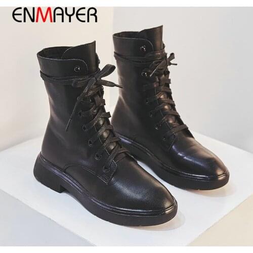 ENMAYER 2020 Genuine Leather Ankle Boots for Women Round Toe Lace-Up Motorcycle Boots Square Heel Winter Women Shoes Size 34-39