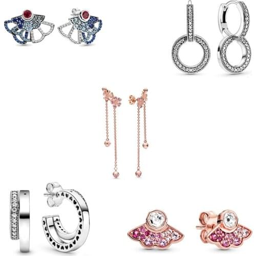 925 Sterling Silver Earring Blue & Pink Fan Statement Stud Earrings For Women Wedding Party Fashion Jewelry