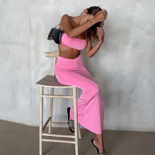 Womens New Summer Suit Fashion Sling Wrapped Chest Bar Navel Half-length Dress Two-piece Pure Color Casual Comfortable Suit