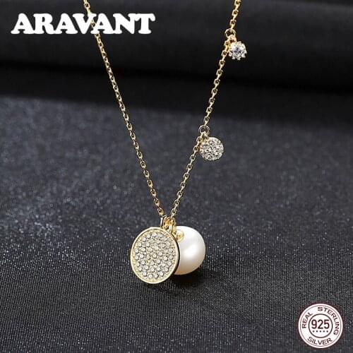 High Quality 925 Sterling Silver Ruond Pave Zircon Pendant Necklace For Women AAA Top Quality Freshwater Pearl Jewelry 2 Colors