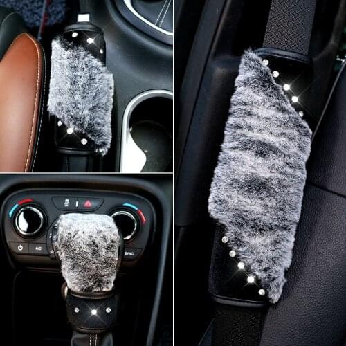 Car Seat Belt Cover Plush Seat Belt Shoulder Pad Winter Crystal Rhinestones Diamond Shifter Gear Cover Hand Brake Covers Sets