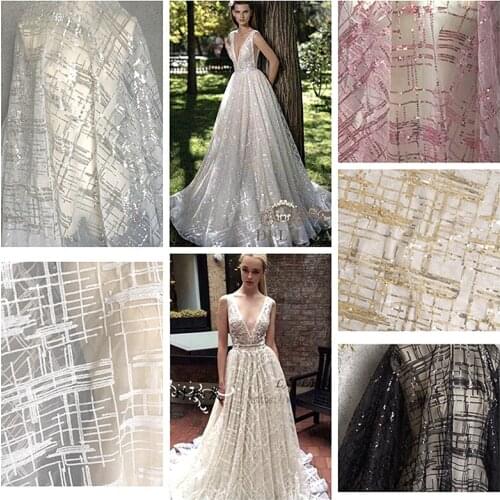 3Y/lot 5Colours Wafer gold translucent square lattice striped sequin mesh lace fabric wedding dress fabric
