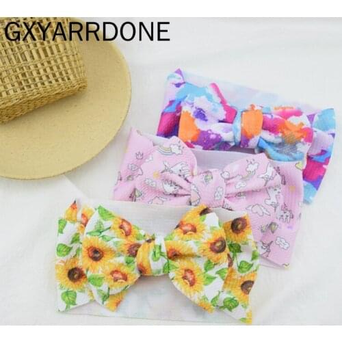 30pcs Flower Printed Big Waffle Fabric Hair Bow Elastic Nylon Headband For Girls Knot Bow Turban Headwrap Kids Hair Accessories