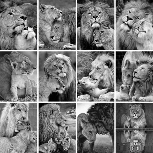 Huacan 5D Diamond Embroidery Cross Stitch Black And White Lion Diamond Painting Full Square Mosaic Parent-child Animal Puzzle