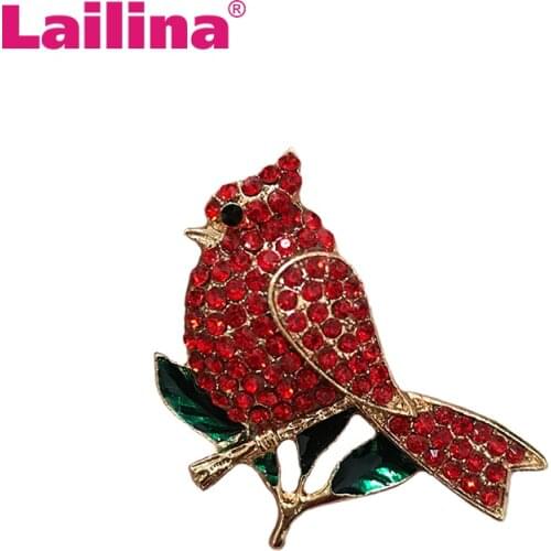 20pcs/lot 35*38mm Red Rhinestone Cardinal Bird Crystal Brooch