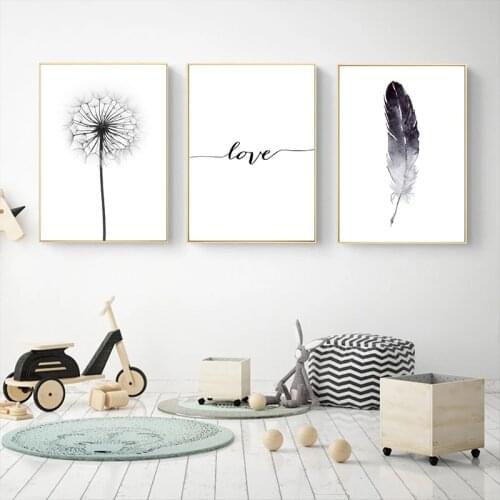 Black And White Dandelion Feathers Poster And Print Letter Love Wall Art Canvas Painting Home Picture Wall Decoration
