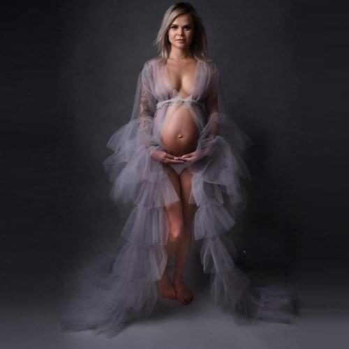 Elegant See Thru Draped Tulle Maternity Dresses Photography Babyshower Or Bridal Shower Dresses Women A-line Long Robe