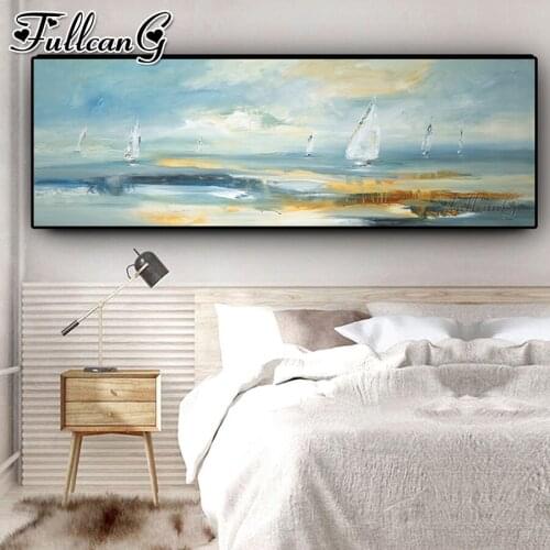 FULLCANG Natural Abstract Boat Landscape diy 5d full square round drill diamond embroidery sale large mosaic painting FC3567