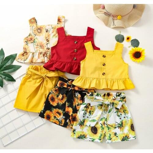 2 Pieces Kids Baby Girls Clothes Summer Set Sunflower Print Square Neck Sleeveless Ruffle Tops+ Solid Color Shorts for 1-4 Years